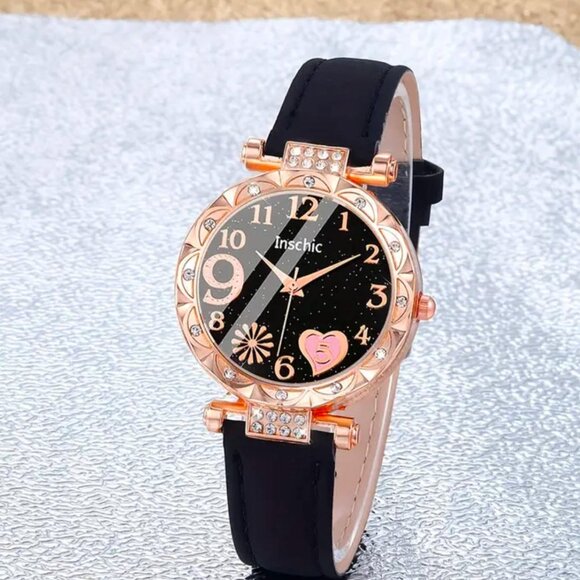 Brand New 2pc Black & Rose Gold Sparkling Watch & Black Heart Bracelet Set - Picture 2 of 5